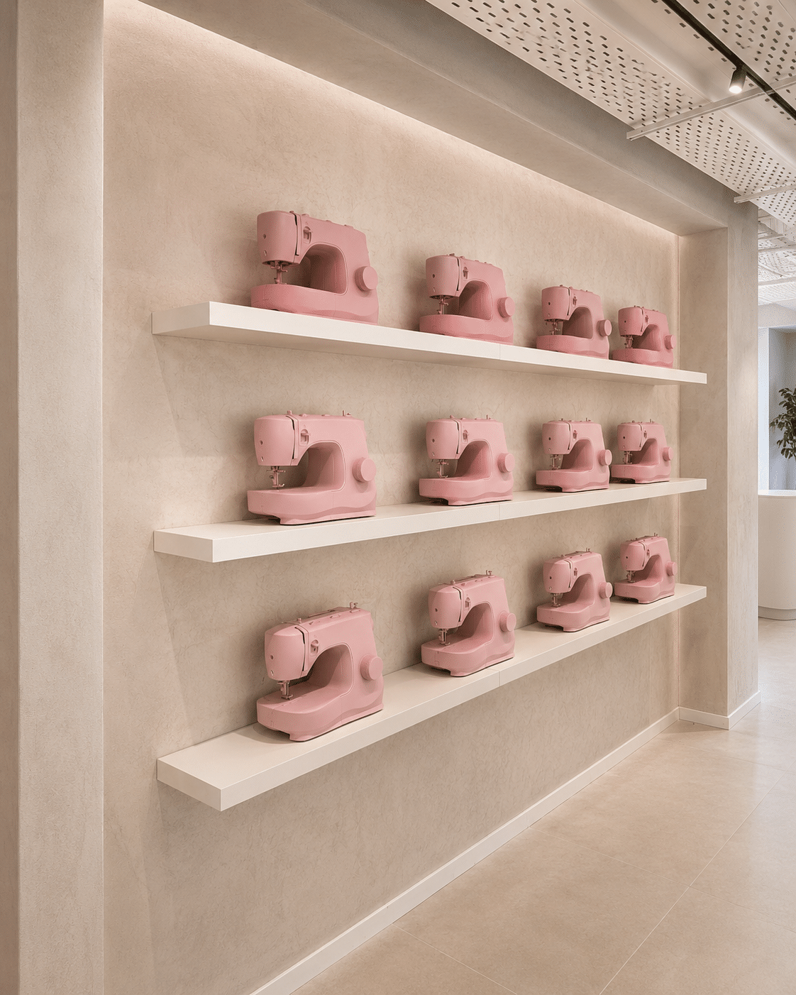 Wall shelves displaying pink sewing machines along a corridor