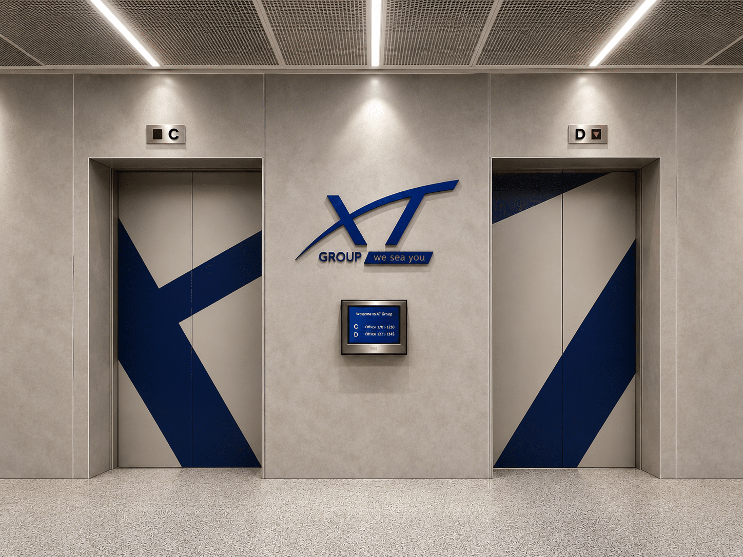XT GROUP 3D logo between lift doors with applied graphics