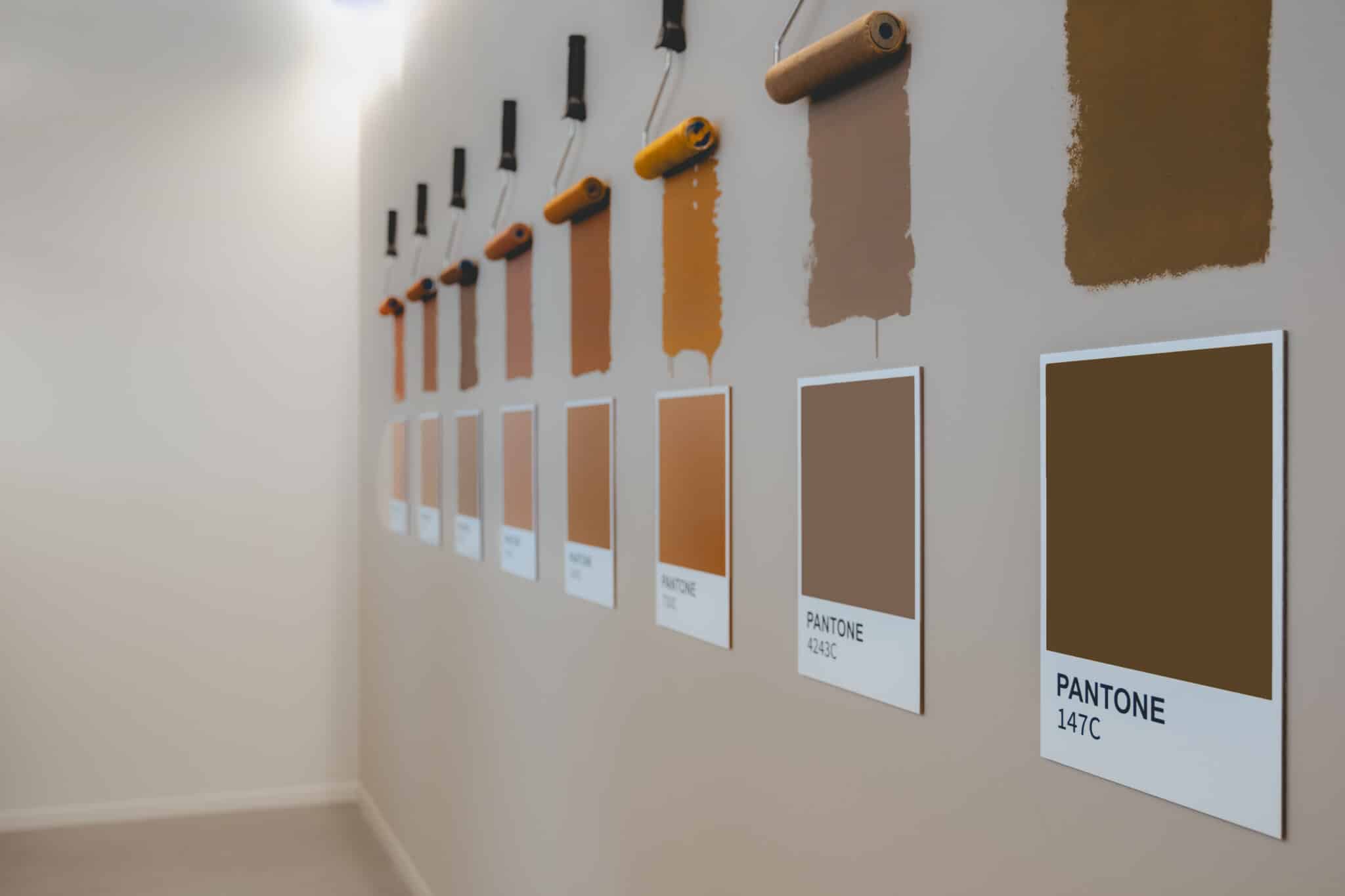 Pantone swatch wall display with paint rollers in warm tones