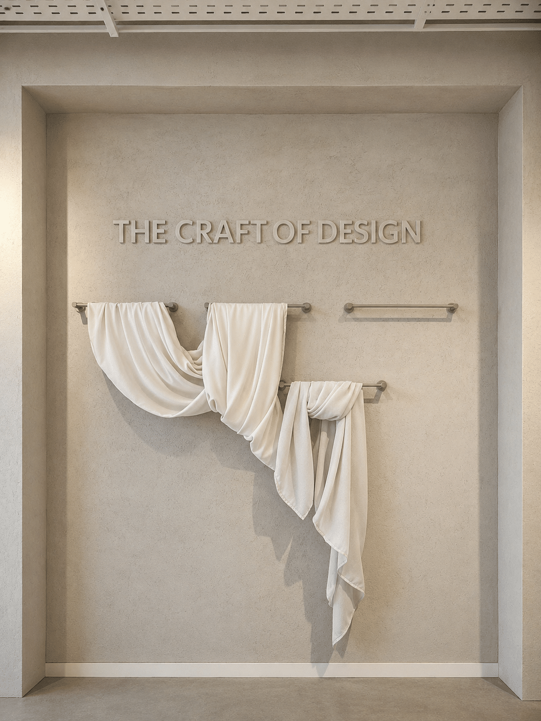 THE CRAFT OF DESIGN relief lettering above a draped fabric wall piece