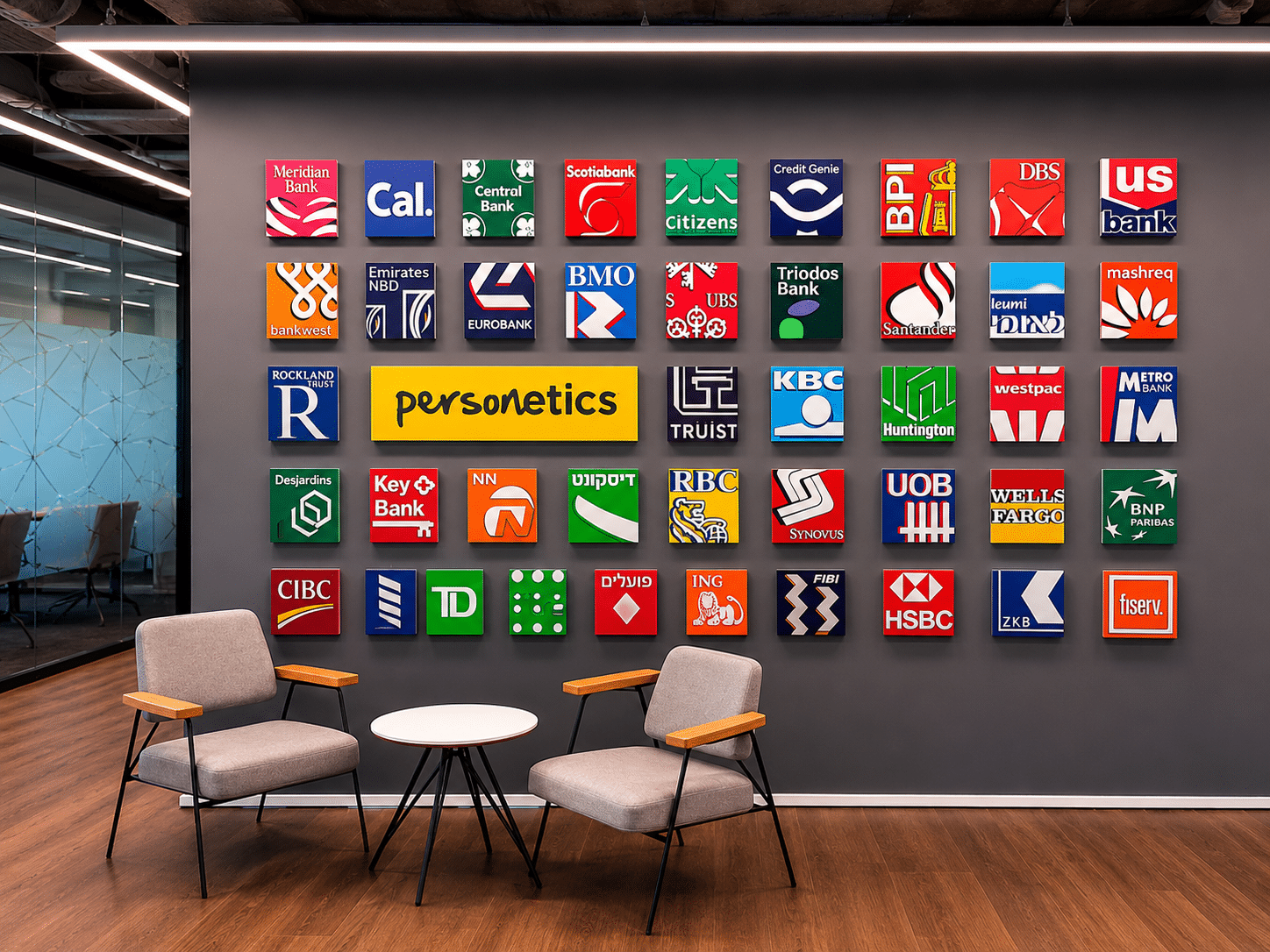 Grid of framed client logos on a dark grey wall