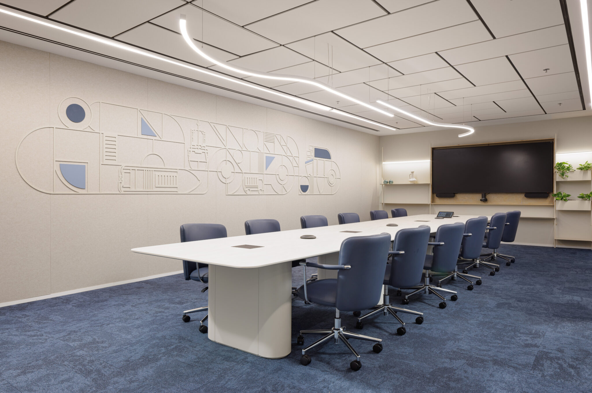 Long line drawing relief along a meeting room wall