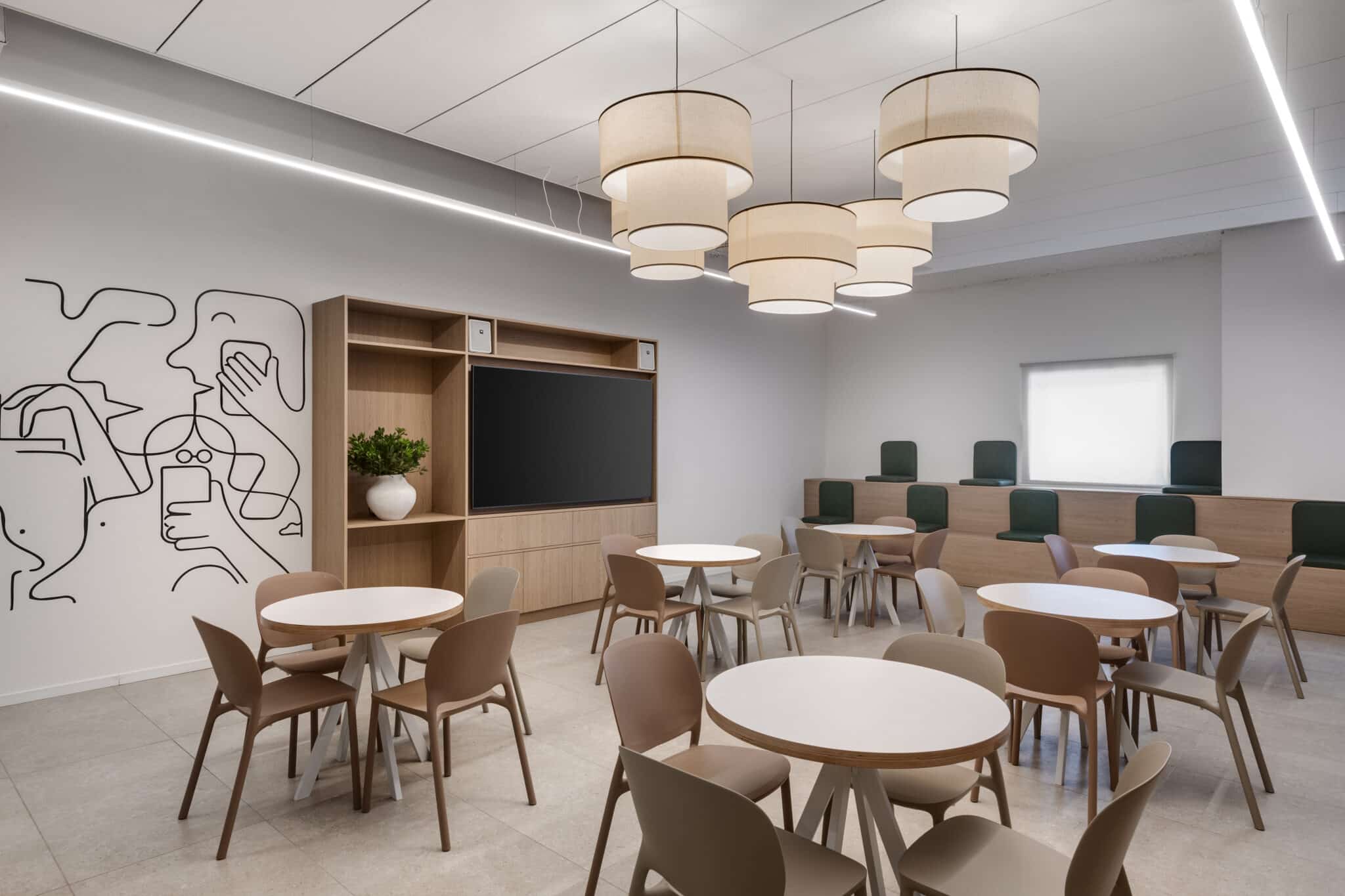 Line drawing wall mural beside a wood unit in the dining room