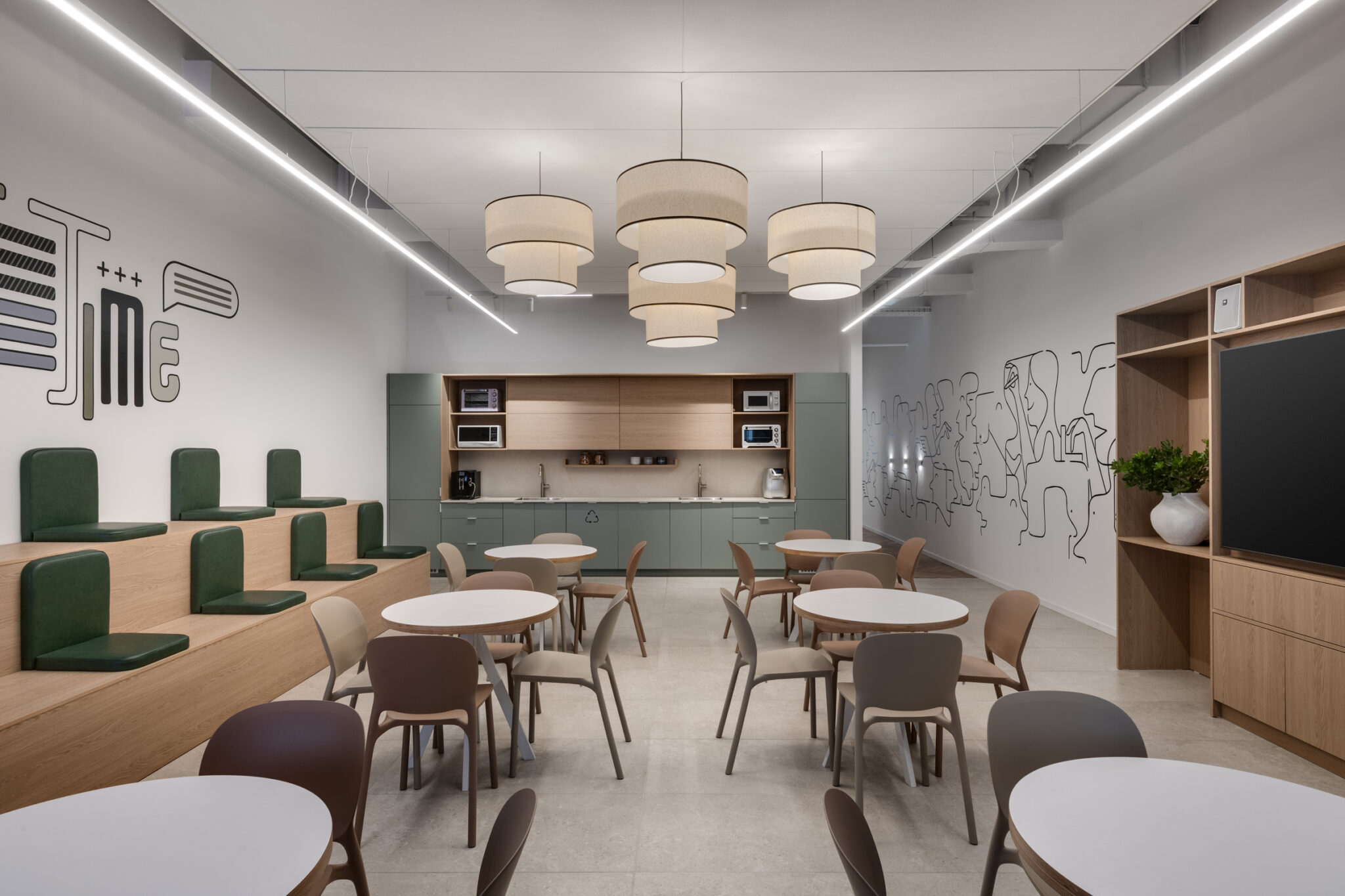 Line drawing wall murals on two walls of the office dining room