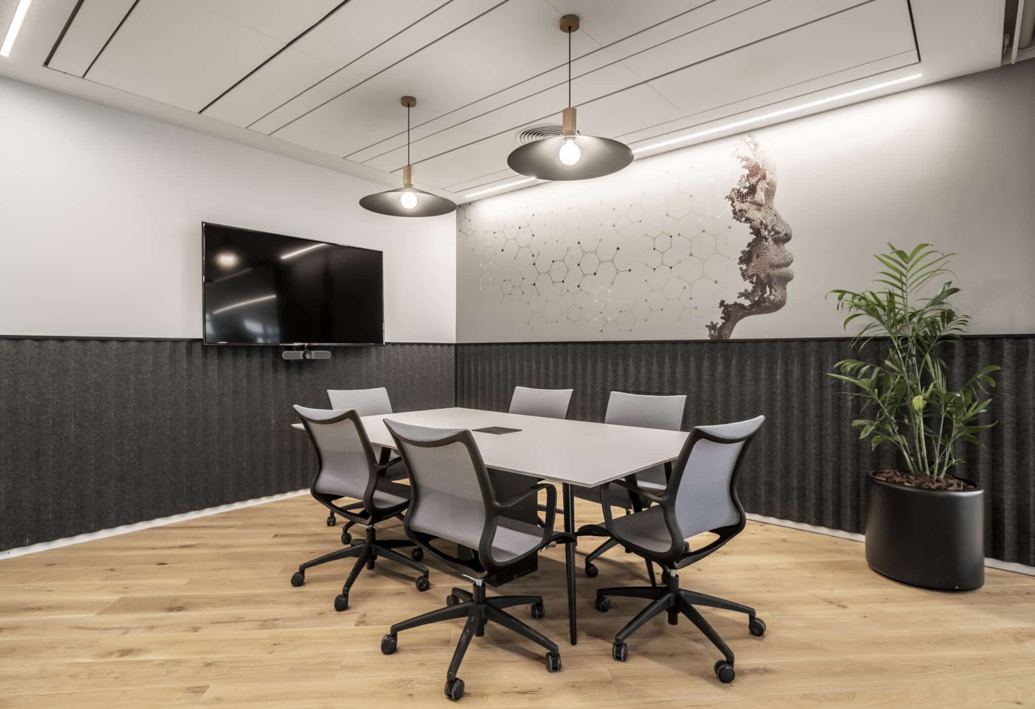 Hexagon molecule wall graphic with a face image in a meeting room