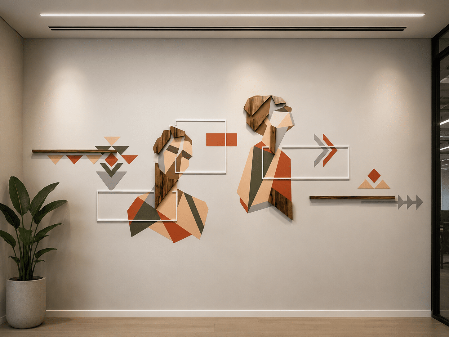 Layered wall artwork of two figures in wood and geometric shapes