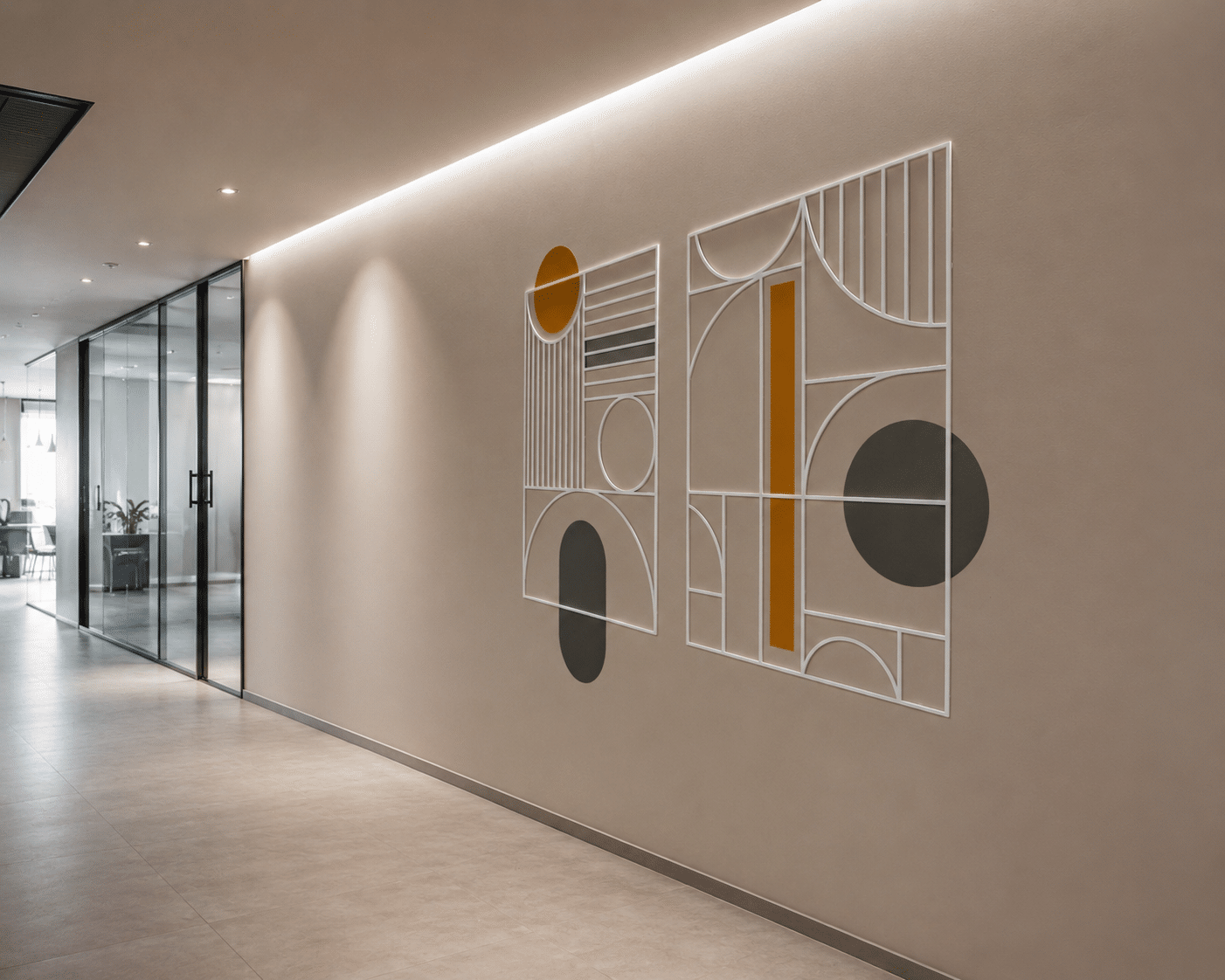 Framed geometric line artwork lit on a corridor wall