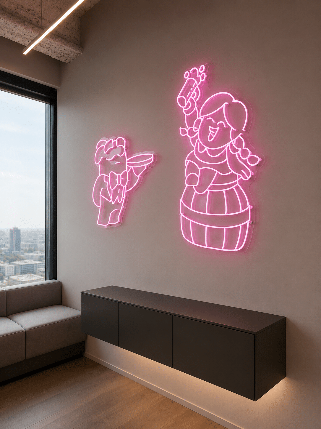 Two pink neon figures on a wall above a floating cabinet