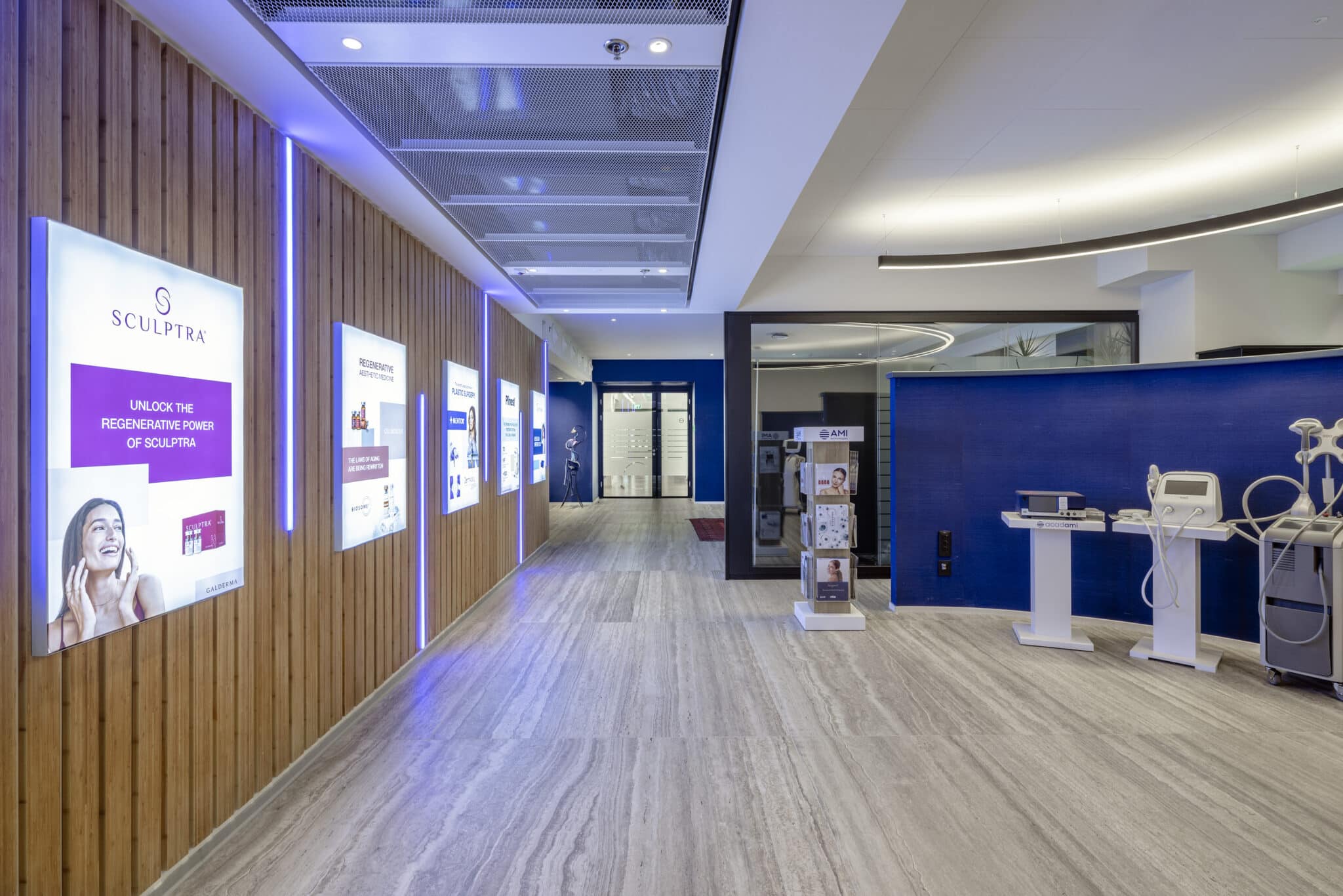 Backlit lightbox panels set into a slatted wood wall with LED strips