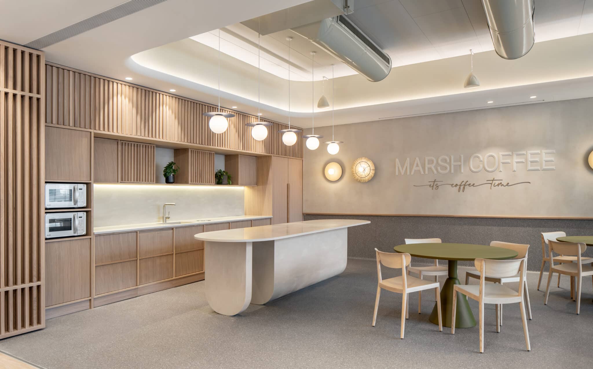 MARSH COFFEE letters on the wall above the cafe seating