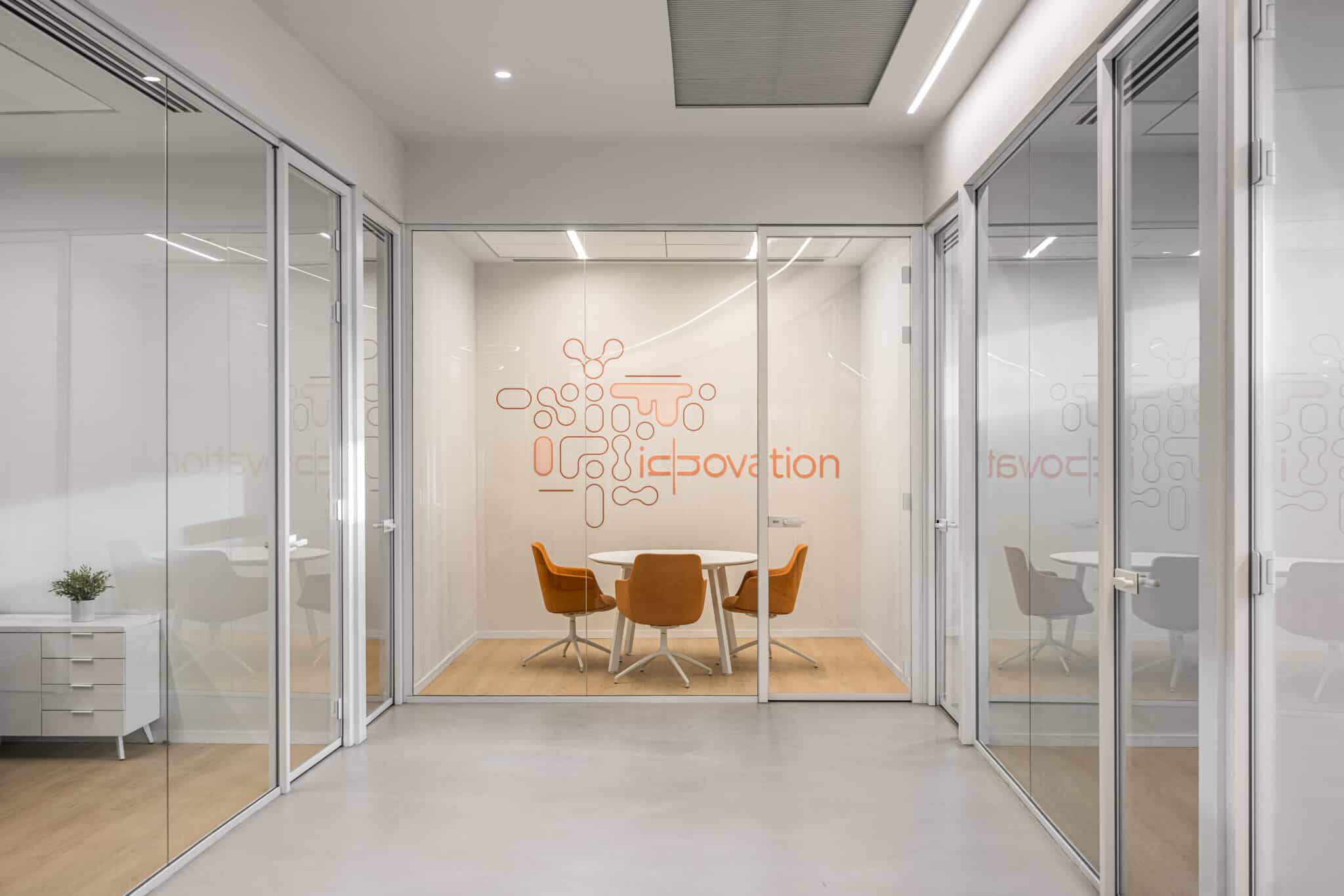 Innovation room graphic in orange on a glass-fronted meeting room