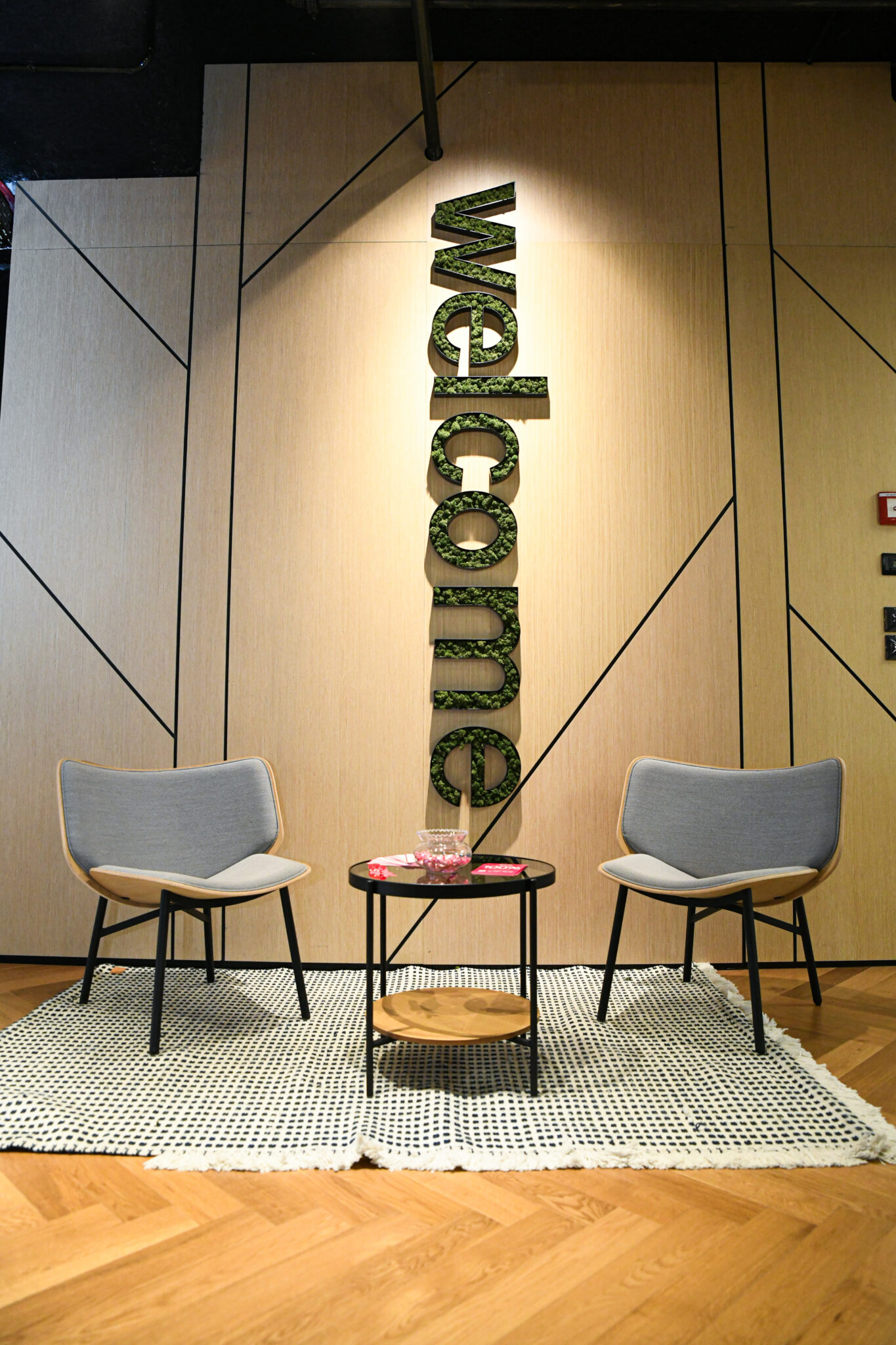 welcome moss filled 3D letters on a wood reception wall