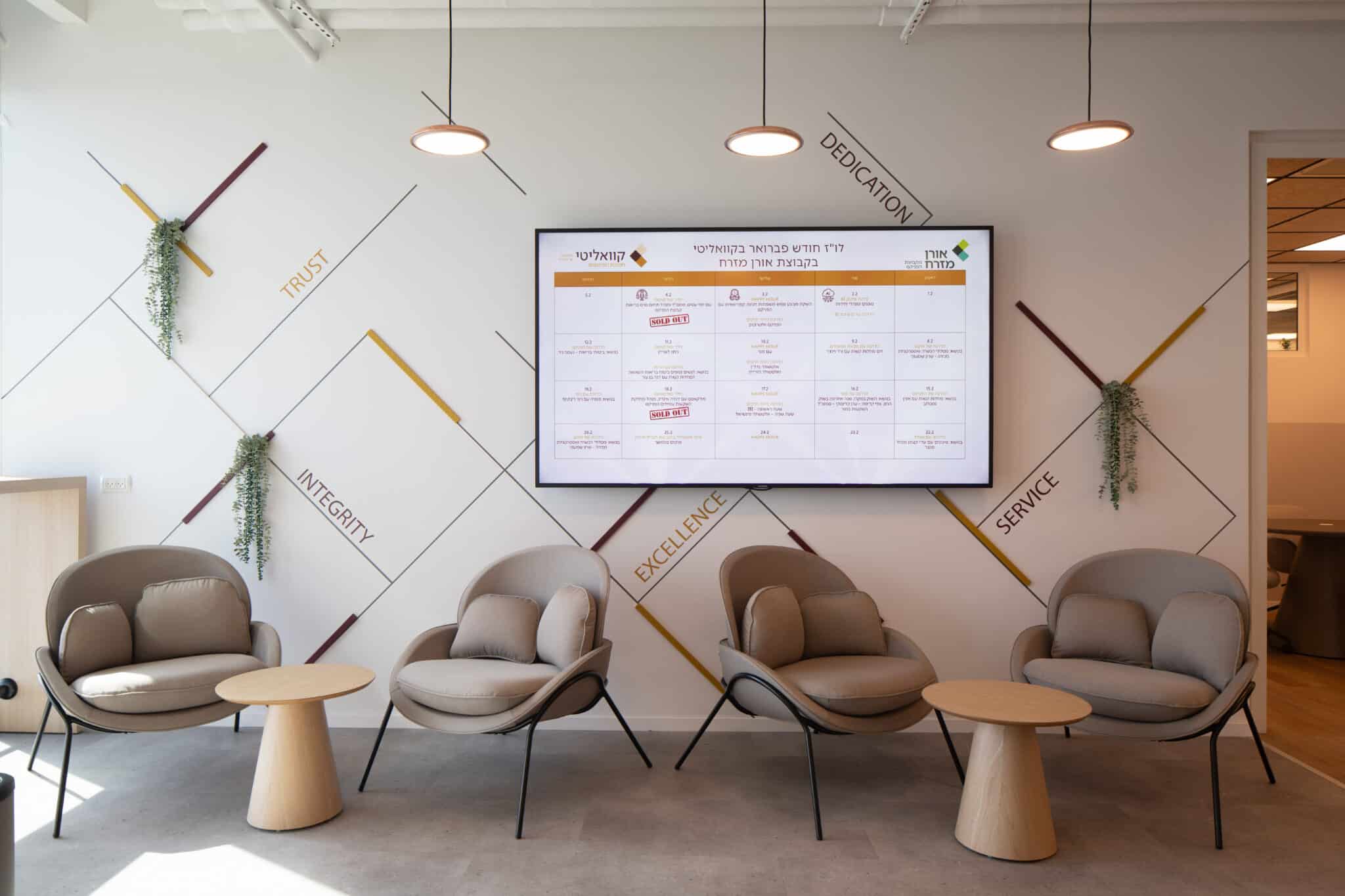 Company values wall graphic with diagonal lines around a screen