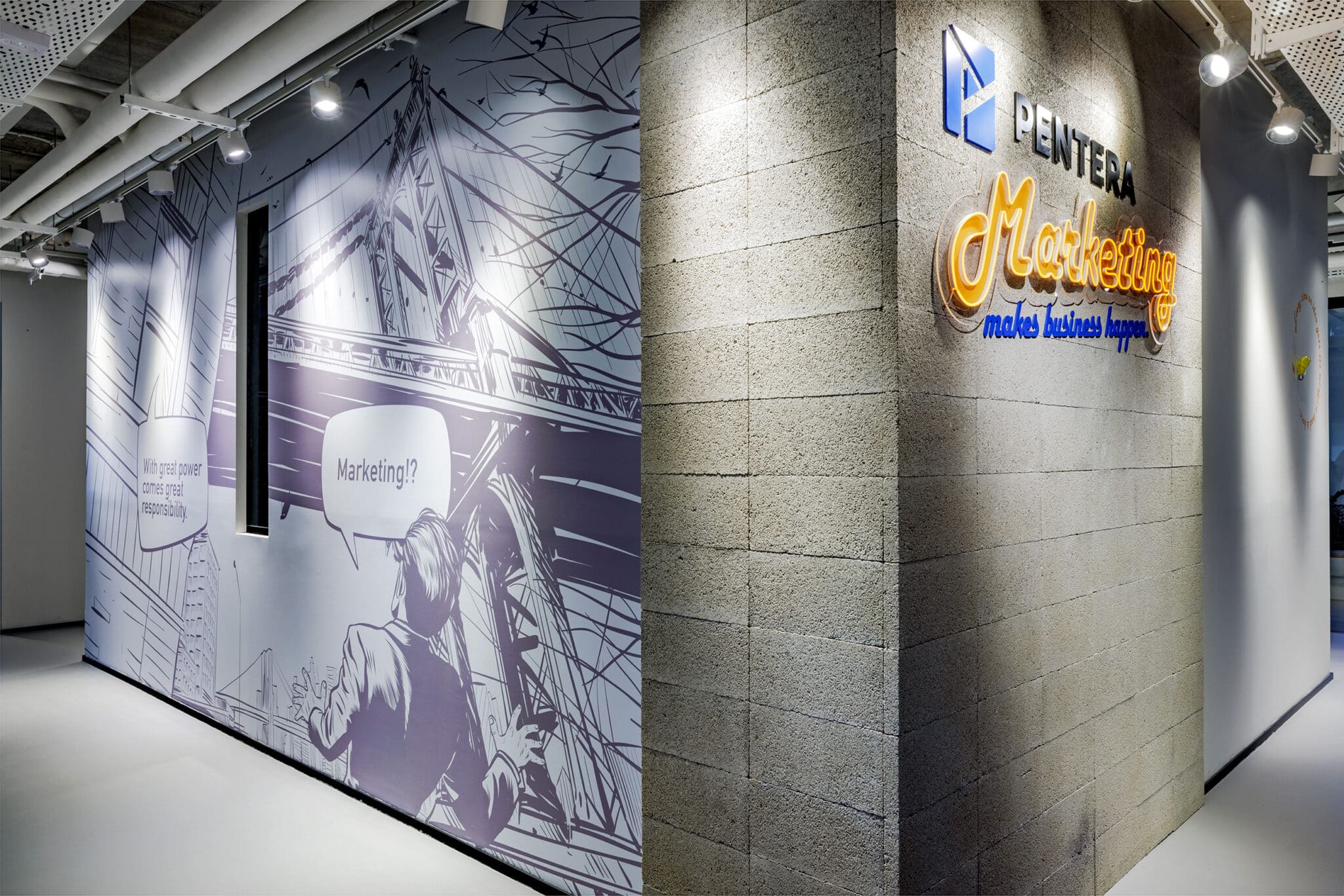 PENTERA Marketing 3D logo and neon script beside a comic wall graphic