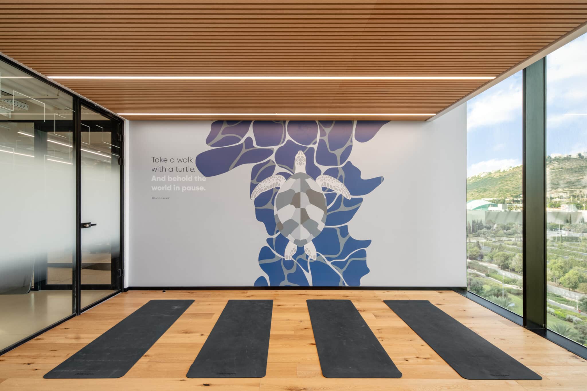 Turtle and quote wall graphic facing the yoga mats