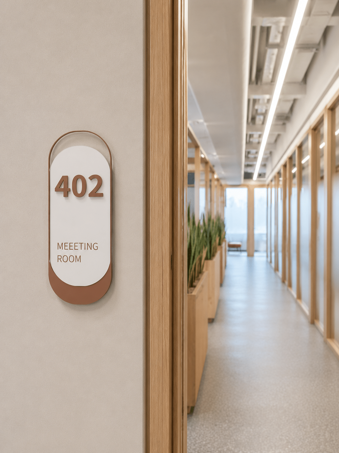 Close-up of a 3D meeting room sign with a raised number