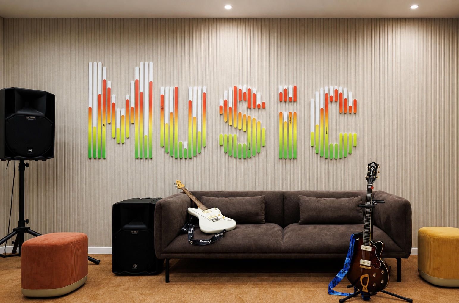 MUSIC letters built from gradient rods in a music room