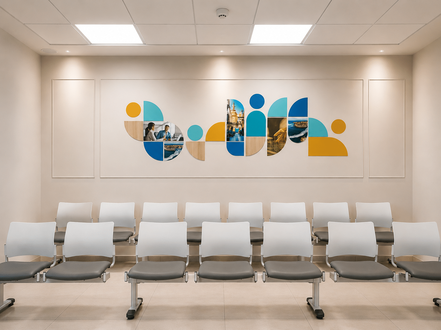 Circular photo collage wall graphic above waiting room seating