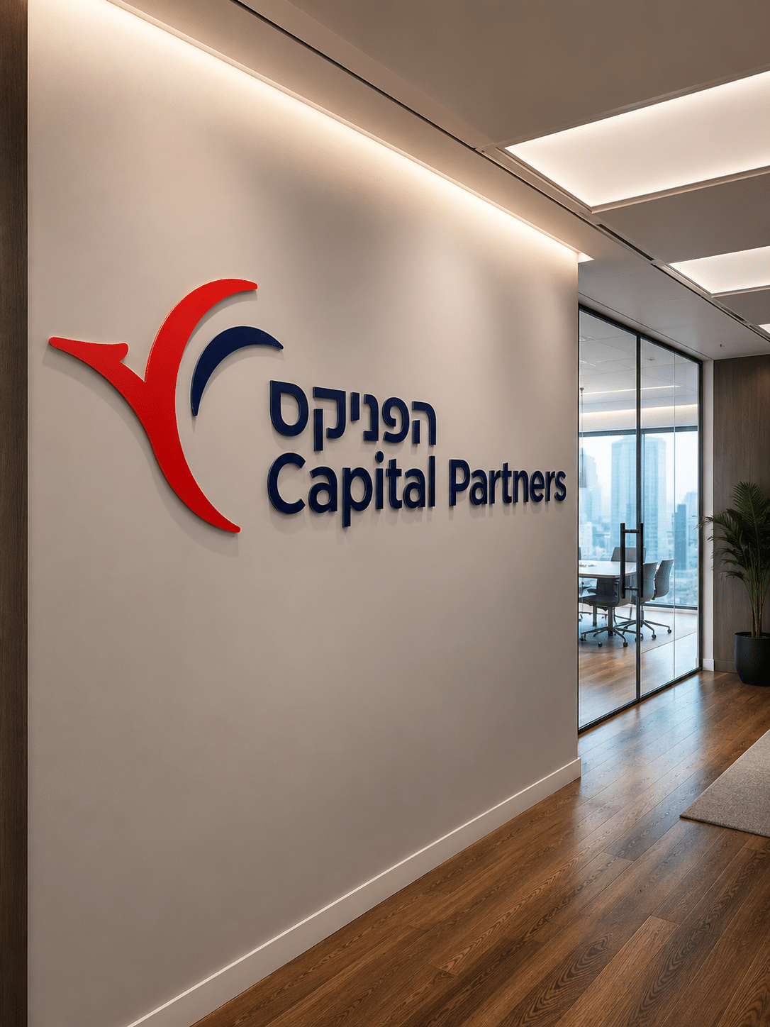 Phoenix Capital Partners 3D logo on a lit reception wall