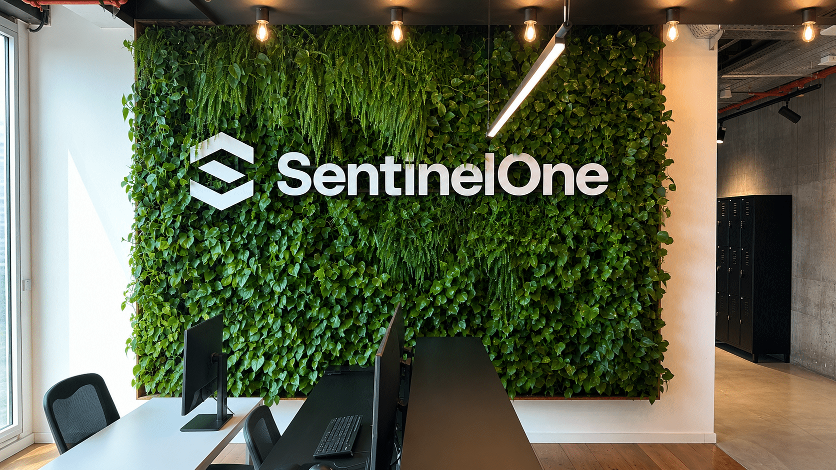 SentinelOne 3D logo mounted on a green plant wall